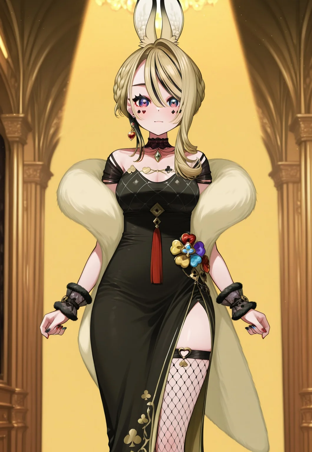 safe_pos, masterpiece, best quality, good quality,
1girl, non anon \(casino\), purple eyes, facial mark, rabbit ears, single earring, blonde hair, streaked hair, braid, asymmetrical hair, heart, spade \(shape\), diamond \(shape\), clover,
choker, necklace, medium breasts, black dress, side slit, fur trim, black wrist cuffs, multicolored nails, red nails, black nails, fishnet thighhighs, standing, looking at viewer