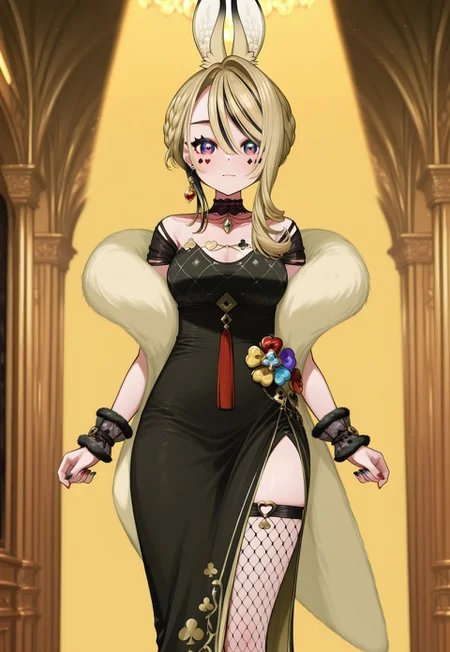 safe_pos, masterpiece, best quality, good quality,
1girl, non anon \(casino\), purple eyes, facial mark, rabbit ears, single earring, blonde hair, streaked hair, braid, asymmetrical hair, heart, spade \(shape\), diamond \(shape\), clover,
choker, necklace, medium breasts, black dress, side slit, fur trim, black wrist cuffs, multicolored nails, red nails, black nails, fishnet thighhighs, standing, looking at viewer