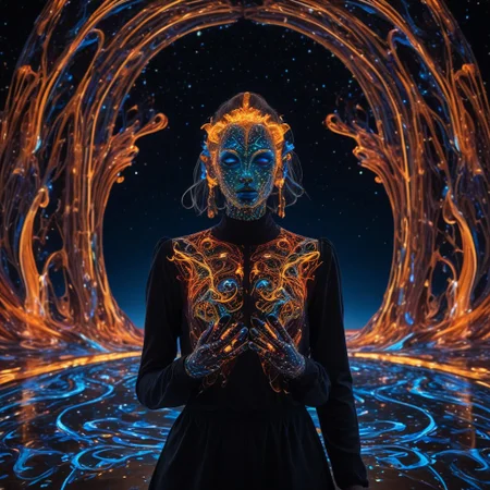 t-shirt, night, blonde hair, girl , RAW, photo, source_photo, highly quality, 8k, she stand at a small stage floor, overlooking an infinite cosmic rave., BREAK, The floating alien island beneath the stage is dotted with glowing star crystals that shimmer in different colors. Her eyes look contemplative as she sips a vibrant cosmic drink, colorful liquid matching her luminous jewelry. The view of stars and swirling galaxies and light trails in the background gives a dreamy feel to this moment. BREAK, glow circuit patterns, style of Light painting, eye focus, gloves, glowing eyes,blacklight makeup, black light paint, blp, made out of,colorful,liquid,Murano Art Glass