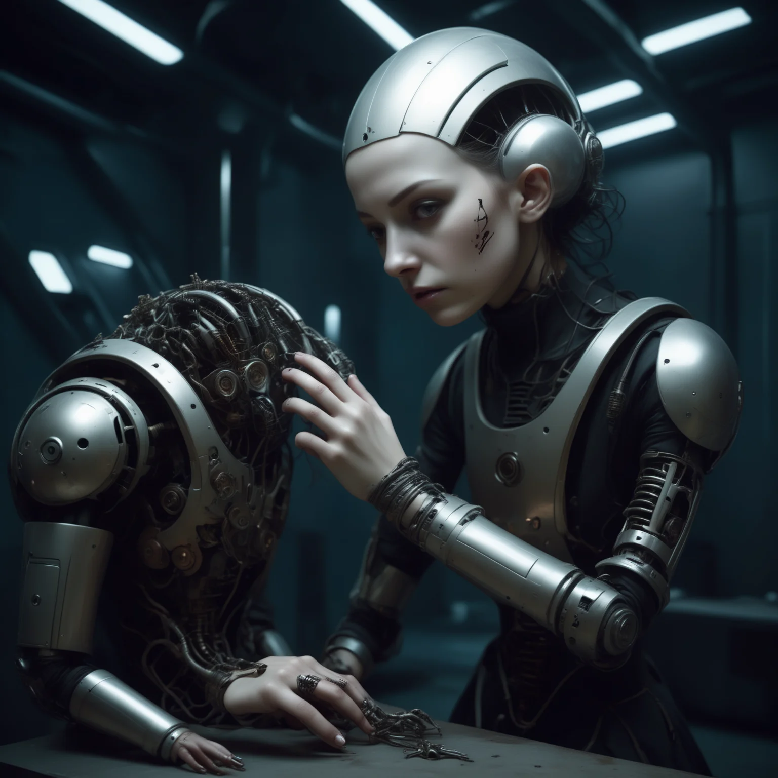 bbuk_style <lora:PureDarkness_RetroSciFi-000060:0.7> a girl with biomechanical limbs desperately trying to fix an old automaton in the basement, darkness
