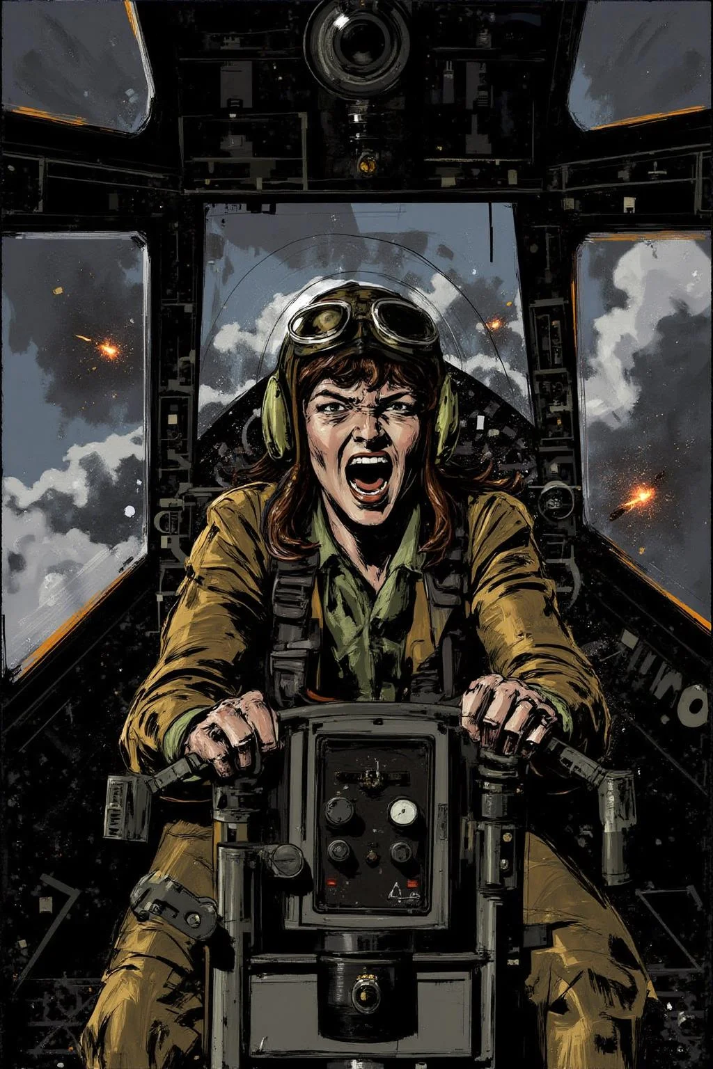 poster illustration.
A female pilot screaming inside the cockpit of a World War II bomber. The pilot, wearing a vintage leather flight helmet with goggles and a bomber jacket, grips the controls with white-knuckled hands. Her face is contorted in a mix of fear and determination as she yells, her eyes wide with adrenaline. The cockpit is cramped and filled with old-fashioned dials and gauges, with the outside view showing dark stormy clouds and distant anti-aircraft fire <lora:posterillustration_cap_d8a4e11:1.0><lora:846225737187897892:0>