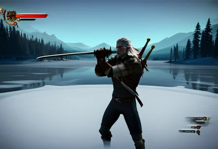 (geralt) sword fighting the nutcracker,
high guard sword parry stance
at a frozen lake,
game screenshot ,
sfw