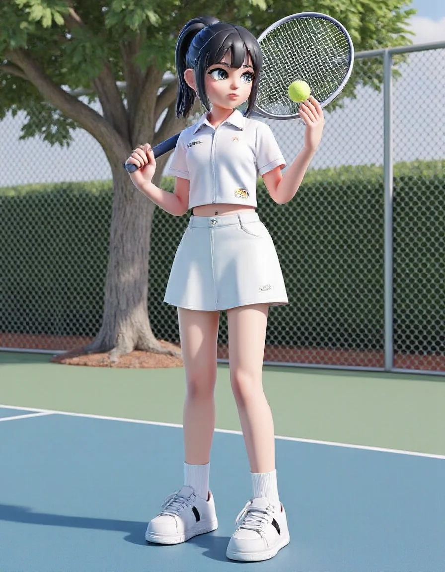 1girl, racket, tennis racket, tennis ball, solo, tennis uniform, ball, black hair, sportswear, sneakers, tree, chain-link fence, shoes, fence, outdoors, skirt, ponytail, realistic,<lora:fasion:0.8>