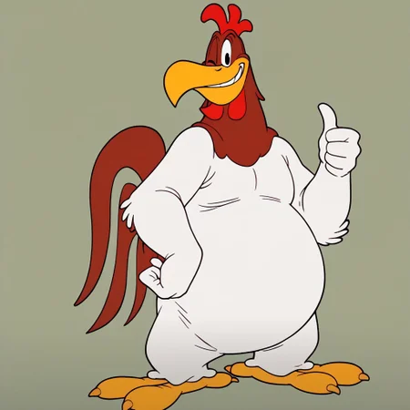 solo, anthro chicken, large yellow beak, red comb on top, masculine, red wattles, black eyes, large eyes, round, plump white body, thick yellow legs with three-toed feet, large red tail feathers, tall, oversized, white body, large, flat feet with clawed toes, two tone body, brown head, fat man, huge body, big belly, male, 2d, cartoon style, 4k, perfect ilumination, masterpiece, best quality, highly detailed, simple background, standing,(closed mouth:1.1), solo, male, wink, one eye closed,(thumbs up:1.1), alpha channel,(simple background:1.1),gesture,smile,hi res, face focus, zoom on upper body