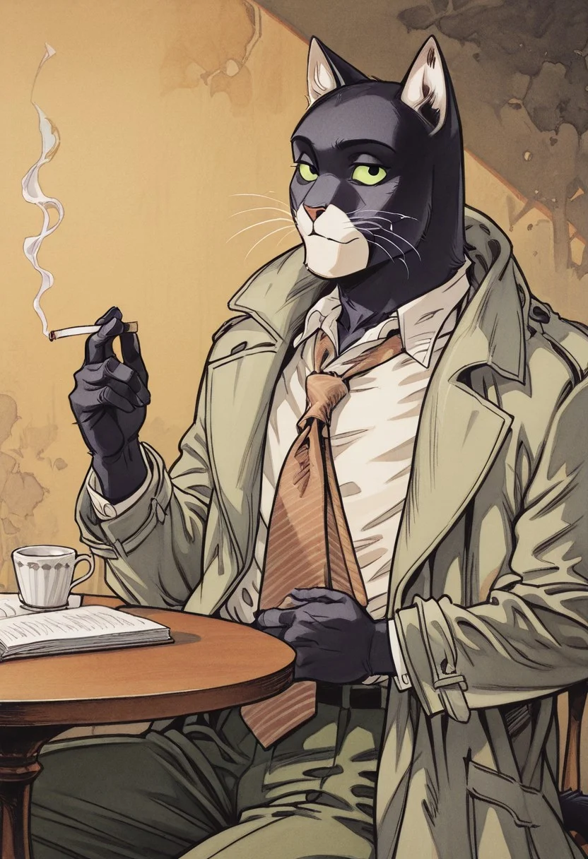 hd, core_9, score_8_up, score_7_up, score_6_up, score_5_up, score_4_up, detailed background, looks at the viewer, solo, male, furry, large, Cat, tie, pants, cat tail, white shirt, muscular, black cat, gray coat, jacket, cat whiskers, white spot on lower face, green sclera, smoking, sitting at table, detailed face
