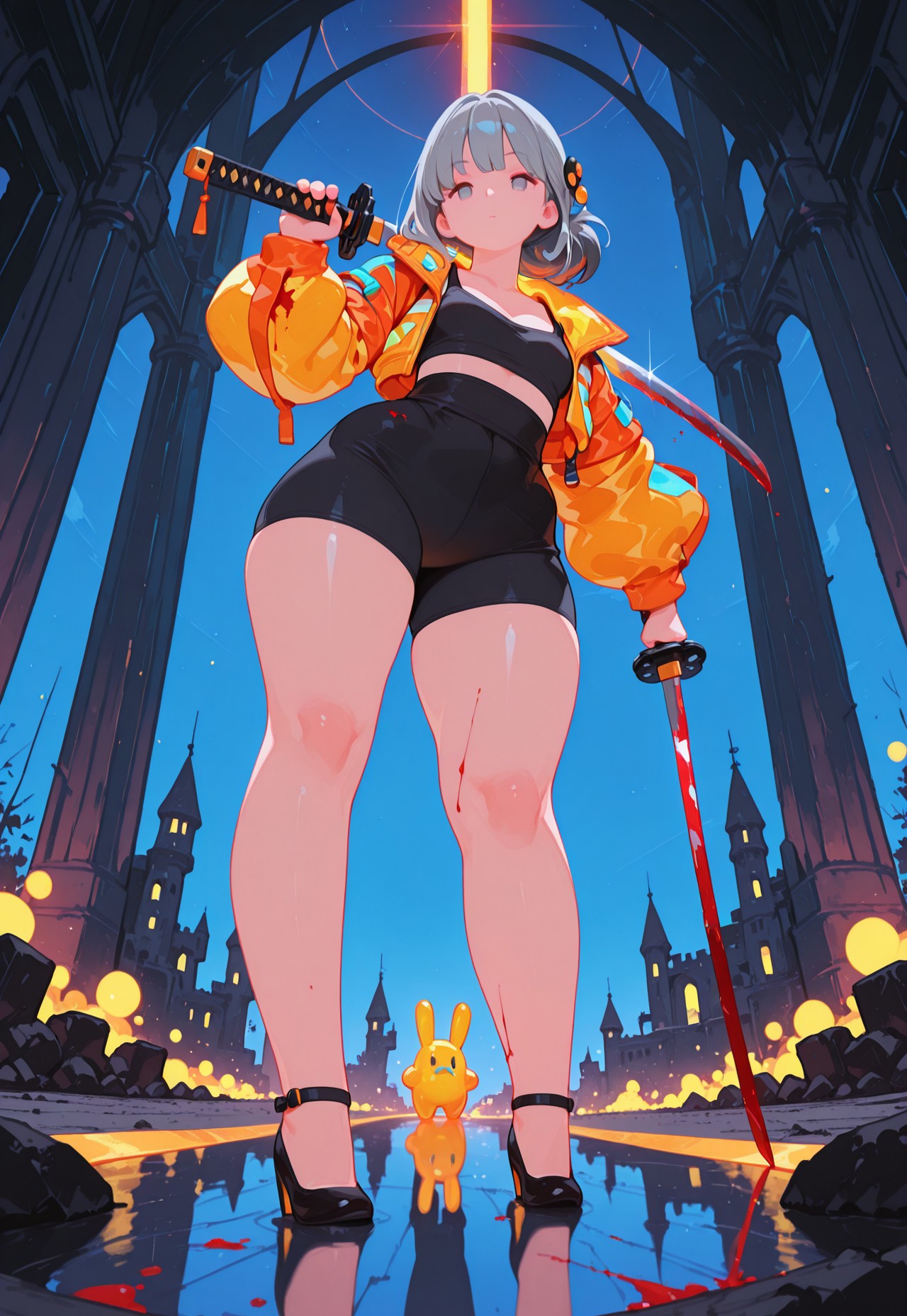 masterpiece, best quality, 

1girl, solo, mature woman, 
long grey hair, hair ornament, thick thighs, colored inner hair, flat chest, chubby, ((chubby thick legs)), no socks,

dynamic pose,


dynamic view, neon rays, colorful, yellow hazard jacket, tight black short tanktop,
tight black spats, pumps, 
looking at viewer, focus on face, dutch angle, 

emotion less, holding blood stained katana, cleavage, reflection, ((blood stained clothes)), 

((from below)), dynamic perspective, (close up), full body shot,

night, in abandoned castle, neons,
depth of field, bokeh, bloom, action shot, backlighting, 

detailed, Flatline, Flat vector illustration,
nurzhan bekkaliyev,