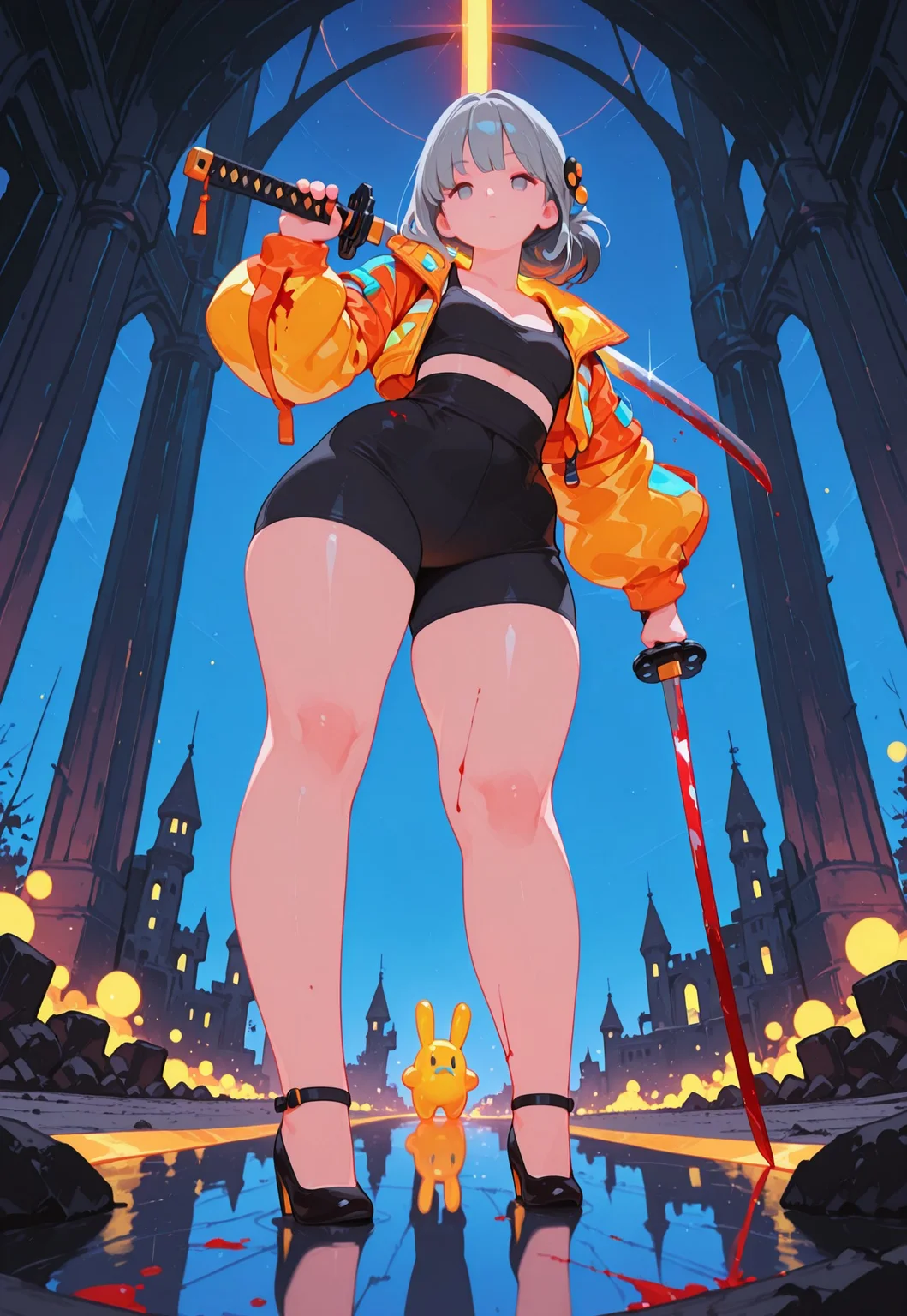 masterpiece, best quality,
1girl, solo, mature woman,
long grey hair, hair ornament, thick thighs, colored inner hair, flat chest, chubby, ((chubby thick legs)), no socks,
dynamic pose,
dynamic view, neon rays, colorful, yellow hazard jacket, tight black short tanktop,
tight black spats, pumps,
looking at viewer, focus on face, dutch angle,
emotion less, holding blood stained katana, cleavage, reflection, ((blood stained clothes)),
((from below)), dynamic perspective, (close up), full body shot,
night, in abandoned castle, neons,
depth of field, bokeh, bloom, action shot, backlighting,
detailed, Flatline, Flat vector illustration,
nurzhan bekkaliyev,
