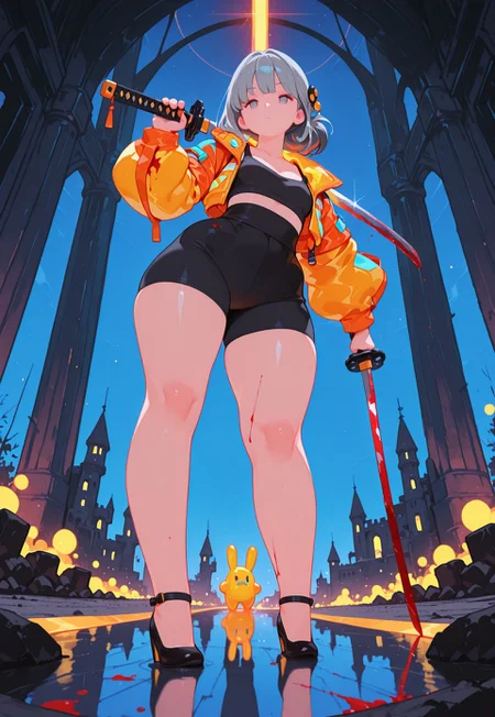 masterpiece, best quality, 

1girl, solo, mature woman, 
long grey hair, hair ornament, thick thighs, colored inner hair, flat chest, chubby, ((chubby thick legs)), no socks,

dynamic pose,


dynamic view, neon rays, colorful, yellow hazard jacket, tight black short tanktop,
tight black spats, pumps, 
looking at viewer, focus on face, dutch angle, 

emotion less, holding blood stained katana, cleavage, reflection, ((blood stained clothes)), 

((from below)), dynamic perspective, (close up), full body shot,

night, in abandoned castle, neons,
depth of field, bokeh, bloom, action shot, backlighting, 

detailed, Flatline, Flat vector illustration,
nurzhan bekkaliyev,