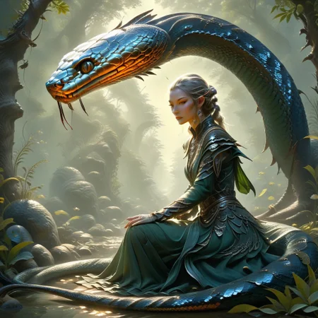 Sinoink, ral-frctlgmtry, a female elf ranger scouting for information, she is very alert to her surroundings, surrounding forest has various flowers along the path, snakeskin leather armor and iron bark bow, a steel dagger hangs at her side, one of her hands remans ready above the dagger