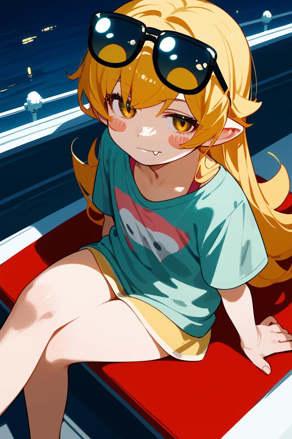 (score_9,score_8_up,score_7_up,),<lora:shinobu:0.9>,oshino shinobu,long hair,solo,blonde hair,yellow eyes,pointy ears,blush stickers,fang,fashion,holding removed eyewear,sitting,night,shimmer,fur \(clothing\),from_above,crossed_legs,eyewear on head,(face focus:1.2),