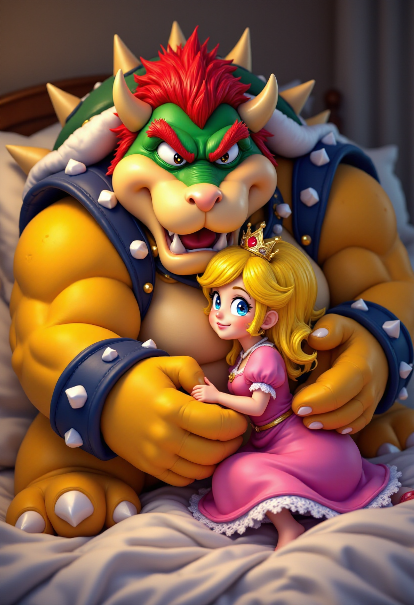 <lora:PCB_Image_Enhancer_for_FLUX:1>
Bowser and Princess Peach cuddling in bed together