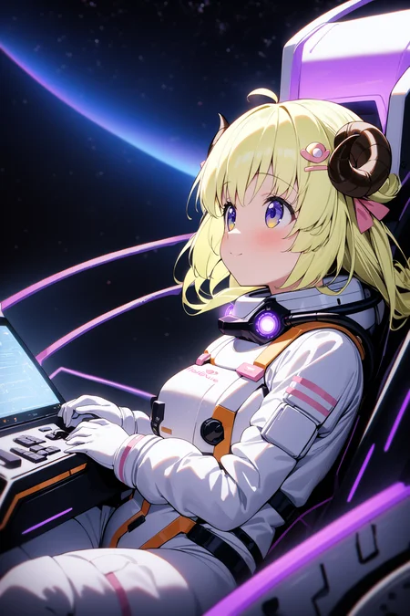 1girl, tsunomaki watame, hololive, masterpiece, best quality, very aesthetic, absurdres, intricate detail, (sheep horn:0.8), cute, (wellington glasses), cute white spacesuit, look up, piloting in a spaceship cockpit, (starry skies:1.1), professional photography, angled view, (purple chromatic light), <lora:add-detail-xl:1>