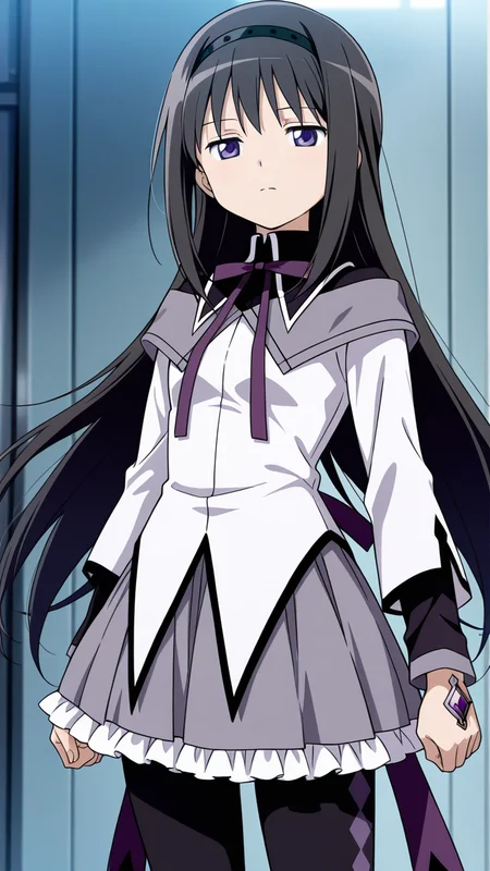 solo, cowboy shot,, masterpiece, best quality, amazing quality, very aesthetic, absurdres, newest, anime screencap, <lora:checkpoint-e18_s792:1>, akemi homura, black hair, long hair, purple eyes, hairband, black hairband, sidelocks, magical girl, grey skirt, grey coat, frills, frilled skirt, neck ribbon, purple ribbon, ribbon, skirt, coat, black pantyhose, pantyhose, black capelet, capelet, shirt, white shirt,