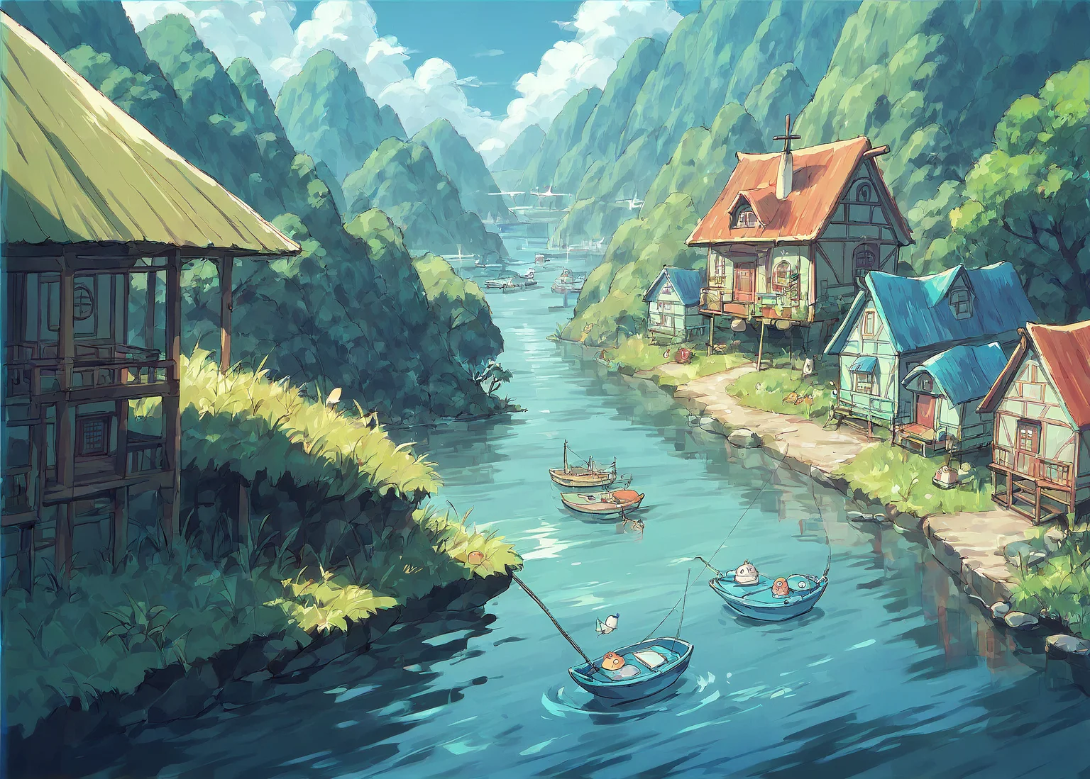 score_9, score_8_up, score_7_up, score_6_up, score_5_up, epic shot, cute anime landscape, fishing village, blue water, blue skies, tiny houses, picturesque, <lora:ALICESOFT_Dohna_Dohna_Game_Artstyle_PonyXL:0.8>, ghibli style