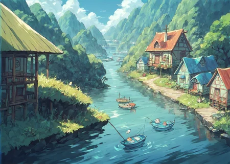 score_9, score_8_up, score_7_up, score_6_up, score_5_up, epic shot, cute anime landscape, fishing village, blue water, blue skies, tiny houses, picturesque, <lora:ALICESOFT_Dohna_Dohna_Game_Artstyle_PonyXL:0.8>, ghibli style