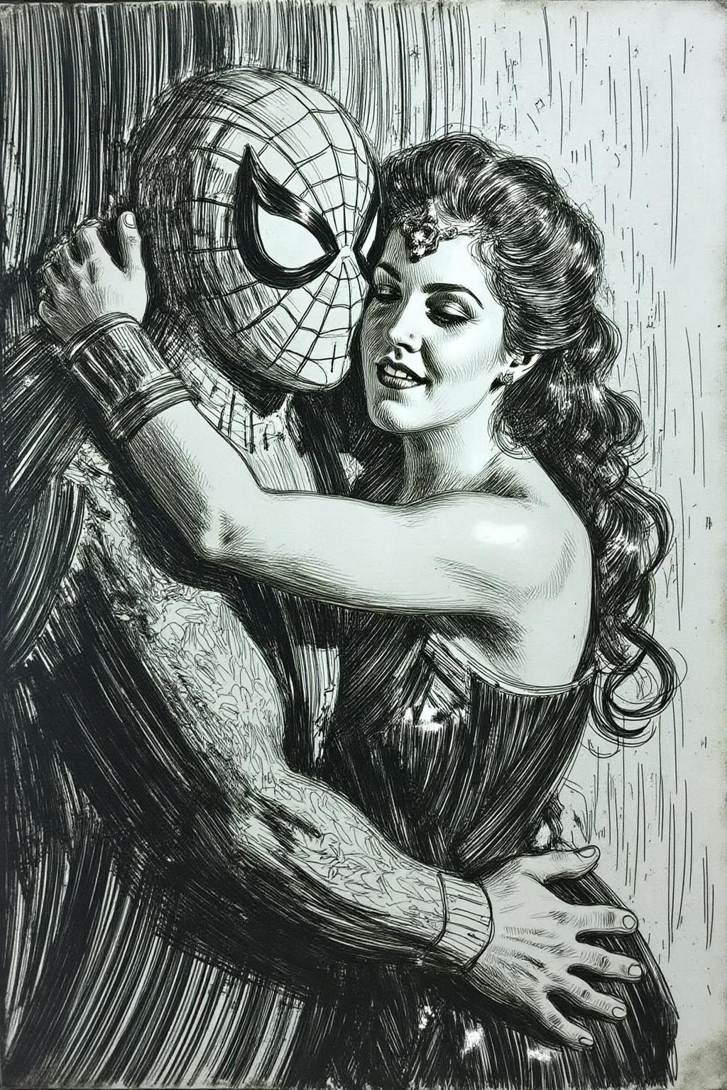 anzo1 black and white drawing.
Spider-man and Wonder Woman embracing in the rain <lora:anzo1_nocap_d6a3:1.0><lora:815048732795112387:0>