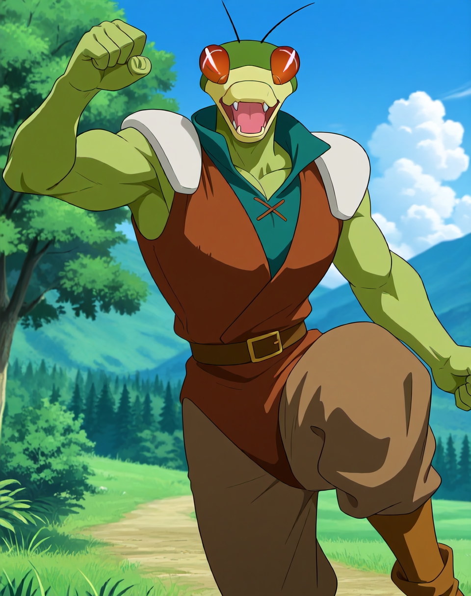 <lora:Katris_(Shinzo)_(Illustrious)_(AD):1> Katris, mantis, Shinzo, 
((
exterior, vivid anime blue sky with detailed clouds, forest, mountains, valley, tree cover, bent leg, cowboy shot, 
dynamic action, insect anthro, male focus, strong warrior, manly, bounty hunter villain, green body, manly body, bent arm, flex, mocking smile, leather villain outfit, punch, kick, 
)),
BREAK: very awe, aesthetically pleasing, masterpiece, best quality, amazing quality, very aesthetic, perfect depth of field shot, gradient coloring, subsurface reflections, 3d rendering, vivid colors, photographic realism, 
masterpiece, best quality, amazing quality, very aesthetic, high resolution, ultra-detailed, absurdres, newest, scenery, {Prompt}, BREAK, detailed background, volumetric lighting,
BREAK: lazympos, lazypos (3),