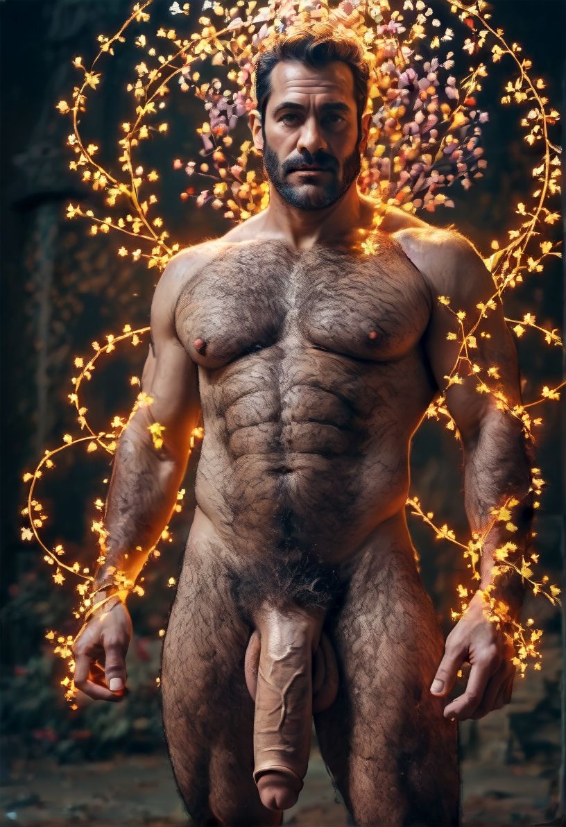 score_9, score_8_up,score_7_up, score_6_up, score_5_up, score_4_up, hyperrealistic, ((naked man)), manly, (hairy body:1.3), flaccid large penis, foreskin, colored aura in the background, flashes of light, fantasy concept art, magic, abstract, surreal, flamboyant, fantasy, glowing vines, cascade of flowers, cascade of leaves, colorful magic lights, detailed art, vivid, vibrant, nature magic, circle, best quality, color scheme blue,