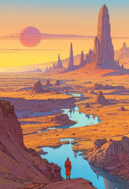 create the most legendary landscape ever created in this world, Moebius art style,