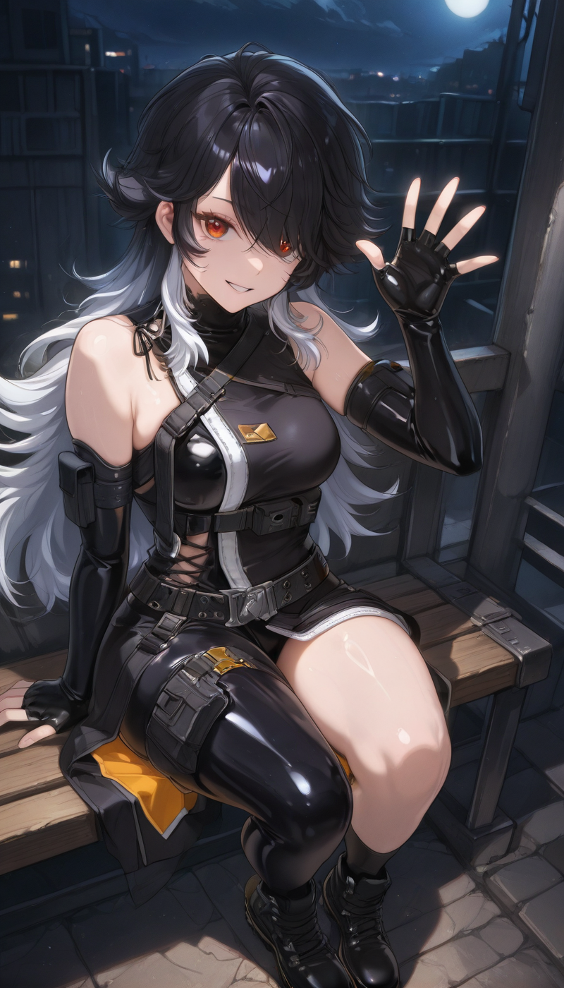 <lora:LCMTurboMix_Euler_A_fix:1> <lora:example_SDXL:0.3>, EZRealPONYXL, <lora:Dramatic Lighting Slider:3>
DSLR,realistic,cosplay photo, (very awa,masterpiece,best quality,year 2024,newest,absurdres,highres:1), realistic,skin texture,facial features, photography shot with Canon EOS 5D Mark IV , realistic, RAW, best quality, masterpiece, amazing quality, skin details,
1girl, highly detailed beautiful face, large natural breasts,
detailed background, shiny skin, dutch angle, night, moonlight,
beautiful detailed eyes, intricate details, absurdres, anime screencap,
<lora:K_NIKKE_ILXL_kill0825:1>
Nikke_K, long hair, large breasts, black hair, red eyes, hair between eyes, very long hair, medium breasts, white hair, grey hair, multicolored hair, sidelocks, hair over one eye, two-tone hair, orange eyes, gradient hair, eyebrow piercing, swept bangs, earrings, jewelry,
shirt, gloves, thighhighs, bare shoulders, thighs, boots, detached sleeves, shoes, sleeveless, black gloves, belt, elbow gloves, fingerless gloves, black footwear, black shirt, sleeveless shirt, thigh strap, bodysuit, single thighhigh, buckle, black belt, asymmetrical legwear, pouch, black sleeves, ankle boots, asymmetrical clothes, colored tips, belt pouch, single leg pantyhose, thigh pouch, utility belt, snap-fit buckle, colored shoe soles, black thighhighs, black dress, harness
dynamic pose, full body, from above, sitting, on bench, knees up, waving, smile, looking at viewer,
