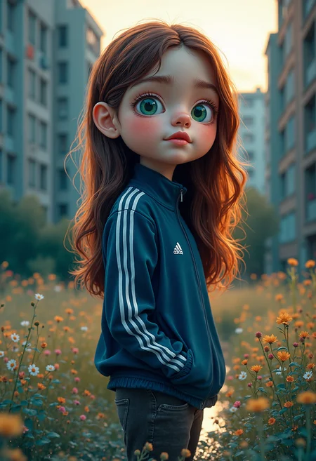 (masterpiece, best quality, high-res, 4k textures, ultra detailed:1.25), ((Low-angle)) (((cartoon caricature))) slightly surrealist and goofy ((3/4 view)) Of a moody Russian girl, looking half-turned at the viewer, backlit by soft warm light, centered on scene waist-deep in wild flowers, cute face and green eyes, realistic skin texture, long hairs, dark-blue Adidas vintage Fiftyone Jacket, black pants, soviet residential area, urban architecture brutalism buildings, soft-dimly lit, harsh conditions, cold tones
