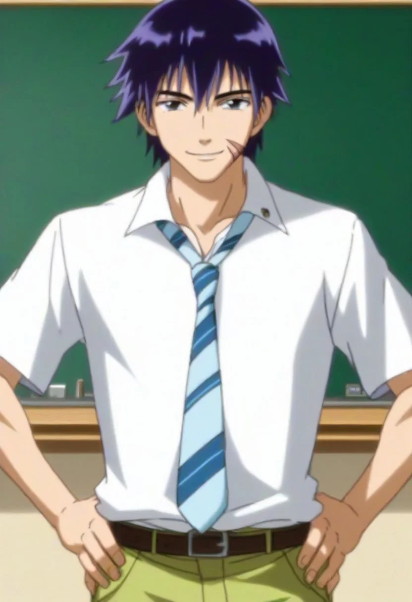 ((masterpiece)), ((best quality)), ((ultra-detailed)), ((absurdres)), score_9_up, score_8_up, score_7_up,
HD, top quality, best quality, amazing quality, High-quality illustrations, anime screencap, source_anime, best aesthetic, perfect proportions, perfect eyes, 1boy, 1male, solo boy, solo male, male focus, solo male focus, Anime, boy, male anime character, anime boy, handsome, cute, charming, sexy, good-looking, Hisaya Miki, purple-black hair, black-gray eyes, ((moles under eyes)), face scars, white collared shirt, striped necktie, belt, green pants, ((lean body)), ((tall body, tall height)), ((school classroom background)), ((cowboy shot, head to hips shot)), ((front view, facing front, looking at viewer)), ((happy, smile)), ((hands on hips hips pose)), easynegative, updn, Expressiveh, masterpiece, best quality, very aesthetic, absurdres