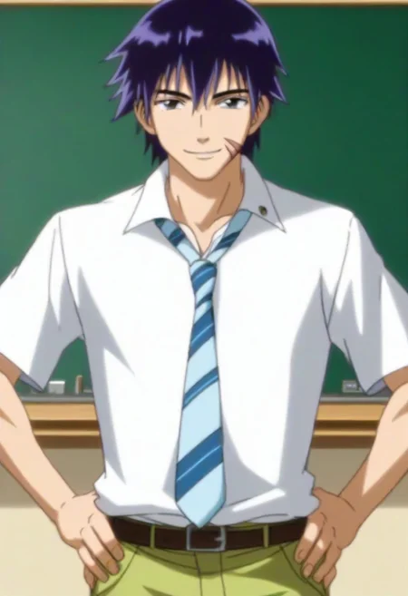((masterpiece)), ((best quality)), ((ultra-detailed)), ((absurdres)), score_9_up, score_8_up, score_7_up,
HD, top quality, best quality, amazing quality, High-quality illustrations, anime screencap, source_anime, best aesthetic, perfect proportions, perfect eyes, 1boy, 1male, solo boy, solo male, male focus, solo male focus, Anime, boy, male anime character, anime boy, handsome, cute, charming, sexy, good-looking, Hisaya Miki, purple-black hair, black-gray eyes, ((moles under eyes)), face scars, white collared shirt, striped necktie, belt, green pants, ((lean body)), ((tall body, tall height)), ((school classroom background)), ((cowboy shot, head to hips shot)), ((front view, facing front, looking at viewer)), ((happy, smile)), ((hands on hips hips pose)), easynegative, updn, Expressiveh, masterpiece, best quality, very aesthetic, absurdres