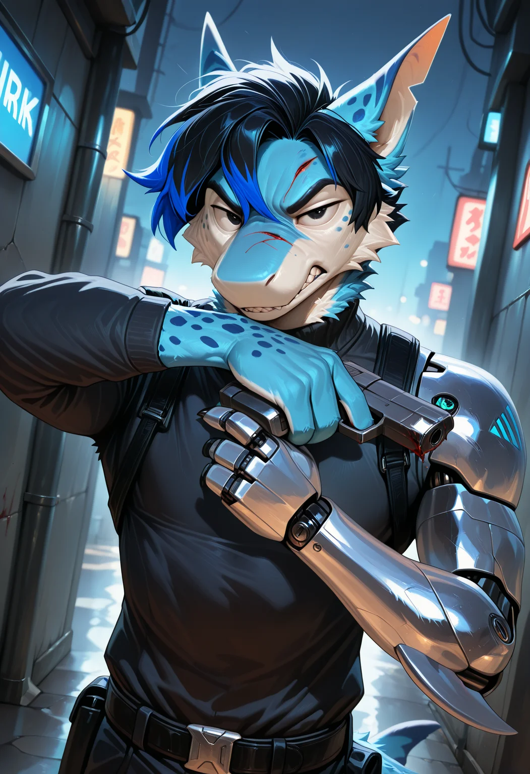 photorealism, photorealistic, hi res, depth of field, detailed background, detailed fur, soft light,
azuro_steelpaw, anthro, adult, 1boy, solo, male focus, furred shark, male, marine, furry male, single mechanical arm, silver mechanical arm, prosthesis, spots, looking at viewer, blue highlights, black hair, animal ears, black claws, azure fur, black eyes, belts, black clothing, black turtleneck with long sleeves,
(masterpiece, best quality, very aesthetic, newest, 2024), (artist:syuro:0.8), (artist:nomax:0.5), (artist:honovy:0.6), (artist:kenket:0.6), (artist:taran fiddler:0.6), body shot, holding pistol, aiming to another, dark alley, wound, blood, wiping blood, angry, night <lora:Azuro_Steelpaw_OC_Illustrious_2:1>