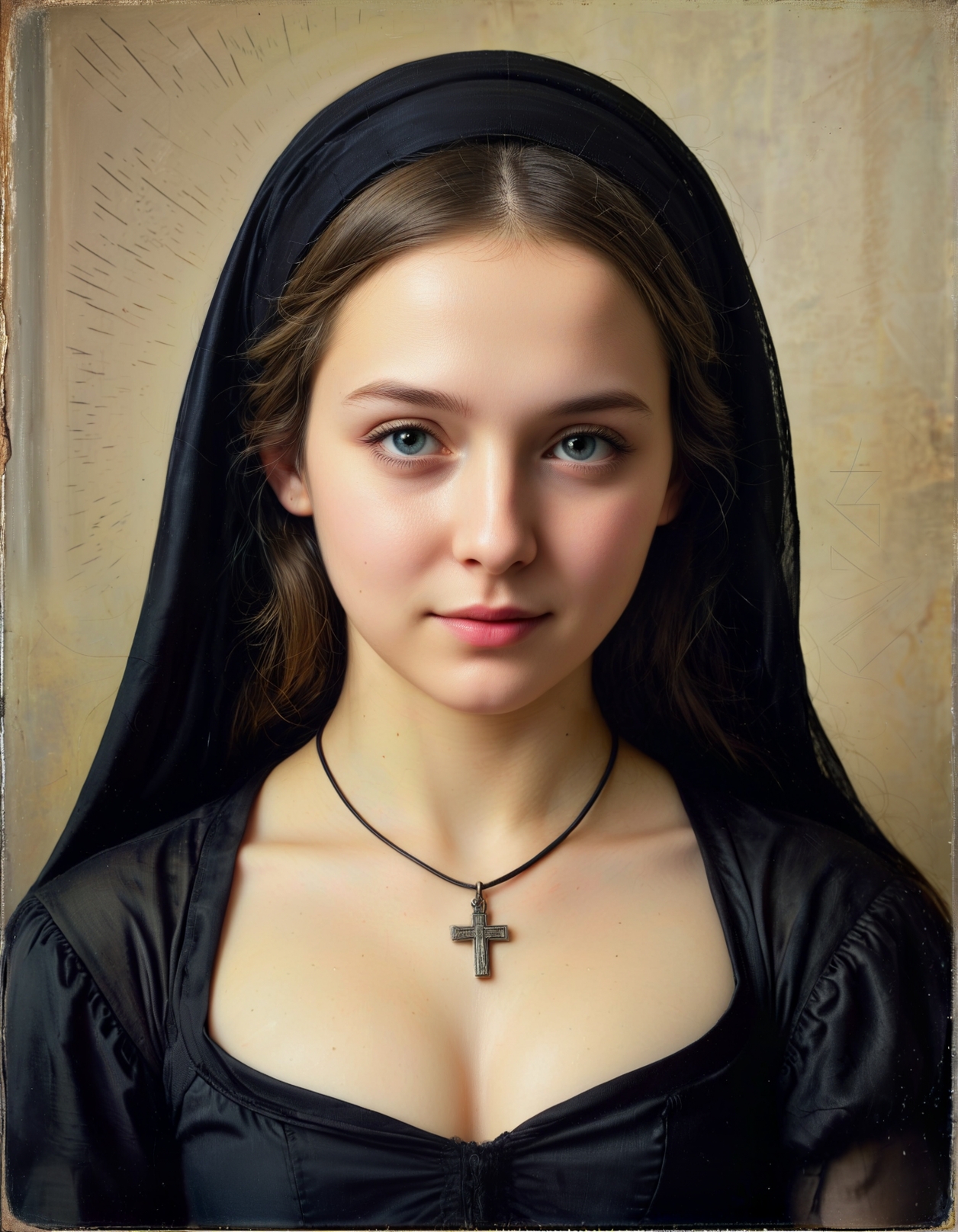 Masterpiece, photorealistic.

An old Polaroid Photo, Photo Borders, framed, very old Polaroid Photo with cracks, Iconographic.

A graceful Nun, Style from the Fifties, faded vintage Color Scheme, in a Catholic Church, traditional Nun's habit, wearing a traditional Nun's Hair veil, subtle smile to the side downwards, Stained Glass, teardrop Breasts, authentic Human Skin Texture, wearing a cross pendant.

Style of Albrecht Dürer, Style of Élisabeth Vigée-Lebrun.