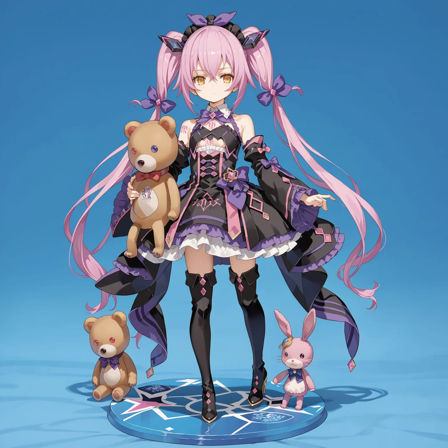score_max, (score_9, score_8_up, score_7_up:1.2), score_6_up, official art, source_anime,
, masterpiece, absurdres, high detail, 8k,
amiibo, figure, solo, full body
standing, holding stuffed animal, stuffed rabbit,  teddy bear, expressionless,
ddpsaya, long hair, twintails, headdress, hair ornament, hair bow, collar, bowtie, purple bow, gem, black dress, frills, clothing cutout, bare shoulders, detached sleeves, wide sleeves, thigh boots, heels, tattoo,
<lora:XL_Pony_gomaotsu-saya-t2:1.0>
