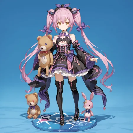 score_max, (score_9, score_8_up, score_7_up:1.2), score_6_up, official art, source_anime,
, masterpiece, absurdres, high detail, 8k,
amiibo, figure, solo, full body
standing, holding stuffed animal, stuffed rabbit, teddy bear, expressionless,
ddpsaya, long hair, twintails, headdress, hair ornament, hair bow, collar, bowtie, purple bow, gem, black dress, frills, clothing cutout, bare shoulders, detached sleeves, wide sleeves, thigh boots, heels, tattoo,
<lora:XL_Pony_gomaotsu-saya-t2:1.0>