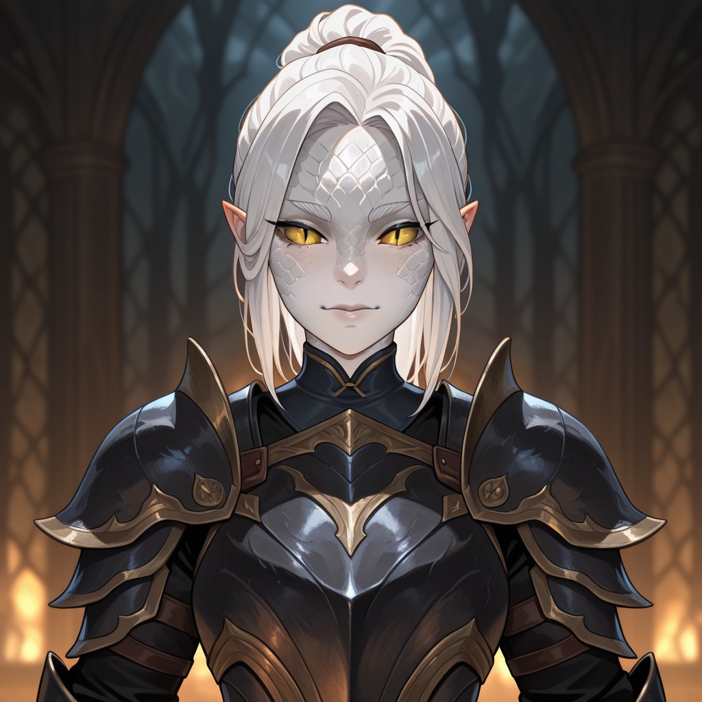 masterpiece, best quality, amazing quality, very aesthetic, solo, upper body,
yuanti, slit pupils, pointed ears,
1girl, female focus, yellow eyes, white skin, scales, white hair, armor,
looking at viewer, posing,
fantasy background, blurred background,