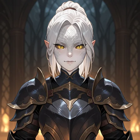 masterpiece, best quality, amazing quality, very aesthetic, solo, upper body,
yuanti, slit pupils, pointed ears,
1girl, female focus, yellow eyes, white skin, scales, white hair, armor,
looking at viewer, posing,
fantasy background, blurred background,