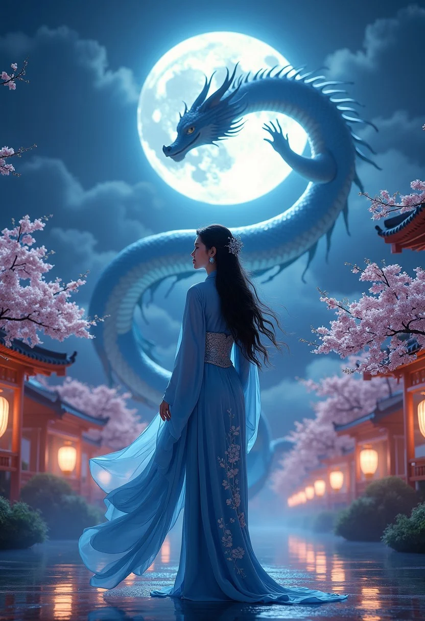 A serene night scene featuring a graceful woman in traditional Asian attire standing under the full moon. Her long, flowing blue robe is adorned with intricate silver embroidery, and she wears an elegant headpiece that complements her dark, flowing hair. The background showcases a majestic Eastern dragon, its body coiling around the scene, appearing powerful and mystical with shimmering scales that reflect the moonlight. Surrounding the dragon and the woman are traditional pagoda-style buildings, cherry blossom trees in full bloom, and softly glowing lanterns, creating a magical, dream-like atmosphere. The entire scene is bathed in a soft blue hue, with high contrast and vivid colors, capturing every delicate detail in a hyper-realistic style.
<lora:edgy_fashionista_flux_ntc_v2:0.65>,
<lora:bokeh_flux_ntc:0.65>,
<lora:detailed_flux_ntc:0.6> ,
<lora:fluxenhancer:0.25>,