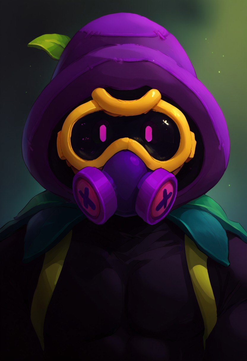 score_9_up, score_8_up, score_7_up, solo, 1boy, bs_cordelius, gas mask, purple hat, black bodysuit, green harness, green cloak, portrait,