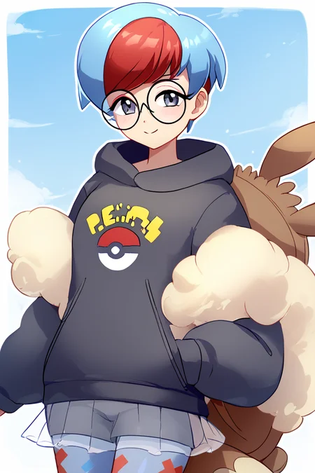 score_9, score_8_up, score_8, medium breasts, (curvy), cute, eyelashes, ,,, , ,,, zzPenny, grey eyes, glasses, short hair, red hair, blue hair, multicolored hair, round eyewear, two-tone hair, long sleeves, hood down, black hoodie, backpack, bag, brown bag, pantyhose, see-through skirt, <lora:Penny_Pokemon_PDXL:1.0>, ,,,, BREAK, smile, closed mouth, looking at viewer, cowboy shot, ,,, embedding:zPDXL, Expressiveh, ,,, <lora:Konpeto_PDXL_v3:1.0>, <lora:SDXLFaeTastic2400:0.5>, <lora:Expressive_H-000001:0.4>,