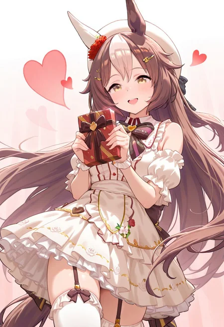 masterpiece,best quality,newest,extremely detailed,highres, absurdres, amazing quality,
yamanin_zephyr_(umamusume), 1girl, horse ears, horse girl, very long hair, brown hair, multicolored hair, hair between eyes, white hair, two-tone hair,
yam963valentine, hat, beret, white dress, white shirt, heart, frills, hairclip, bow, detached sleeves, thighhighs, white headwear, puffy short sleeves, gift, happy valentine, smile, open mouth