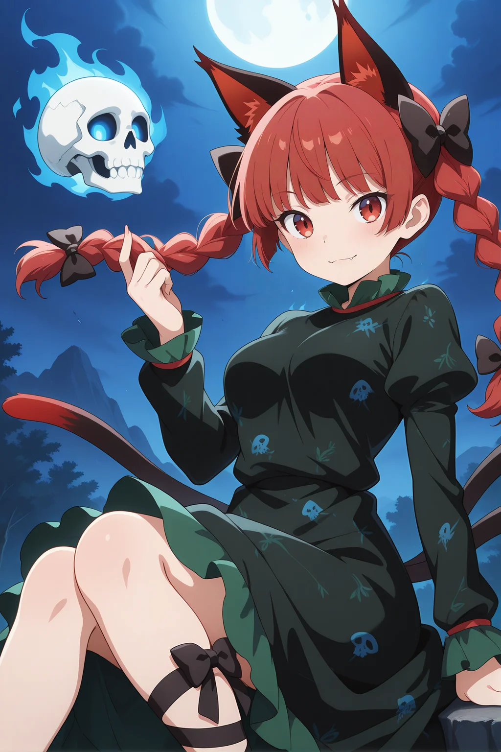 absurdres, highres, masterpiece, best quality, amazing quality, official anime artwork, screencap, anime screencap, outdoors, looking at viewer, light smile,
<lora:Kaenbyou-Rin_Illustrious:1> kaenbyou rin, 1girl, solo, cat girl, red eyes, red hair, twin braids, fangs, animal ears, cat tail, multiple tails, two tails, medium breasts,, hair bow, black bow, black dress, long sleeves, puffy sleeves, ribbon, leg ribbon, blue flaming skull, floating skull, print dress,