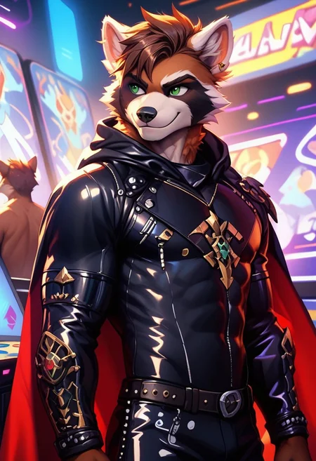 score_9, score_8_up, score_7_up,score_9, score_8_up, score_7_up, ((cowboy shot)), arcade, standing, BREAK, ((High fantasy art style)), solo, male, anthro raccoon, black hooded cloak, (black leather breastplate), black leather greaves, black leather pauldrons, black leather boots, brown hair, ((detailed green eyes)), ((Masterpiece), (absurdres), (shadowy), (mysterious), ((smirk)), looking away, nervous