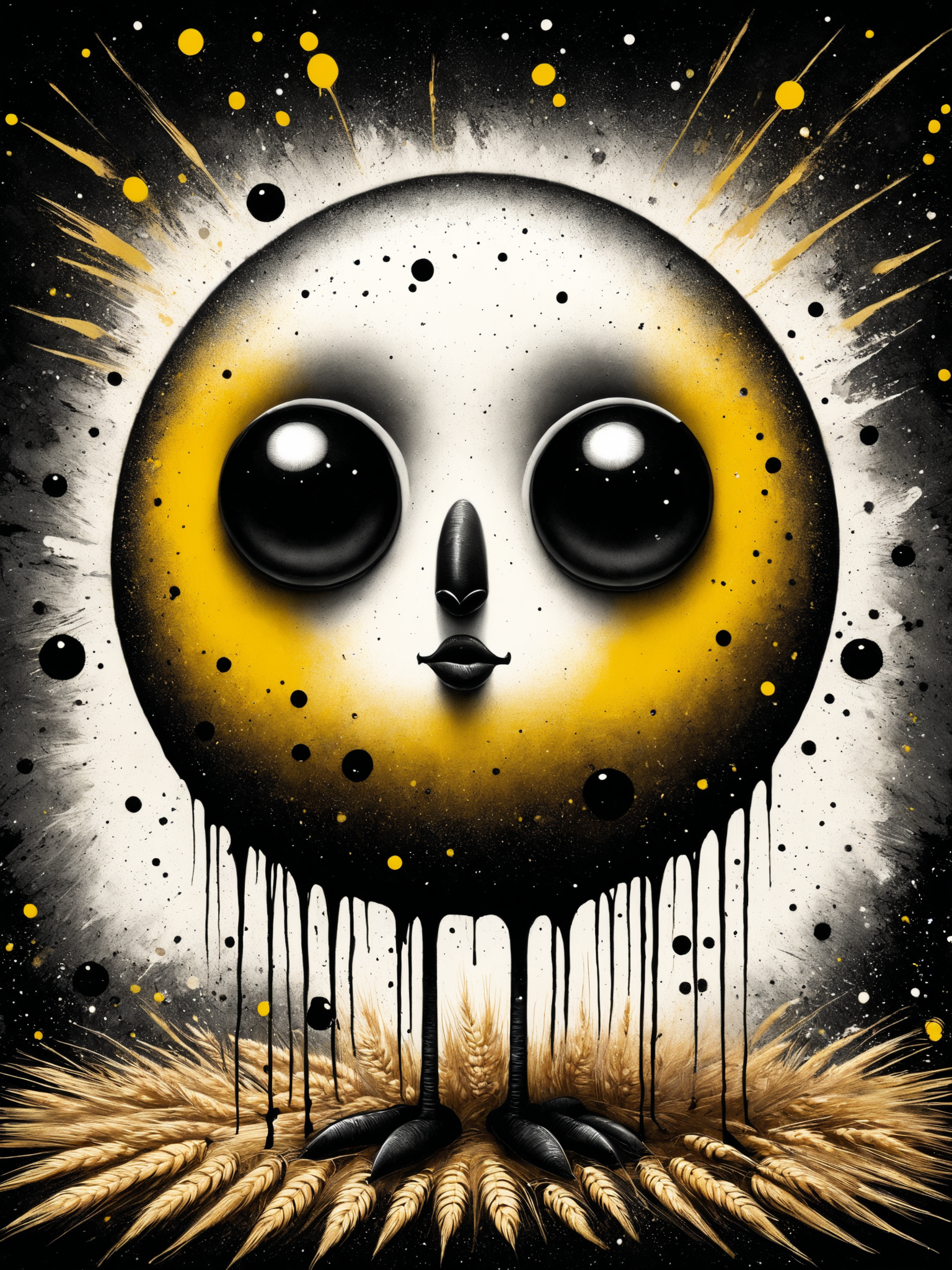 digital paintingof a quirky character with an oversized round head, big black eyes, thin limbs, textured, layered effect, impasto, splattering, black drips, spray paint, wheat paste posters, hastily drawn, grunge aesthetic, contemporary, black and white tones with vibrant splashes of yellow, warm color scale, dark backdrop.
<lora:grainy-v1:0.9>
