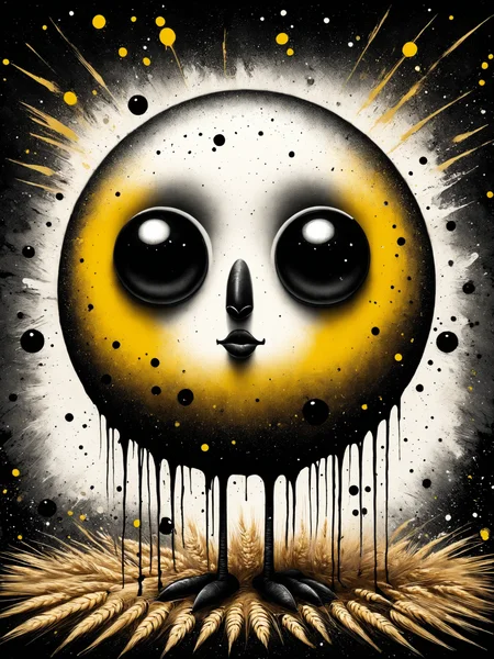 digital paintingof a quirky character with an oversized round head, big black eyes, thin limbs, textured, layered effect, impasto, splattering, black drips, spray paint, wheat paste posters, hastily drawn, grunge aesthetic, contemporary, black and white tones with vibrant splashes of yellow, warm color scale, dark backdrop.
<lora:grainy-v1:0.9>