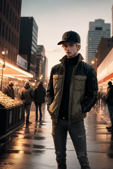 (masterpiece, best quality, high quality, highres, ultra-detailed), city, scenery, night, building, sign, cityscape, pantyhose, skyscraper, street lights,
solo, 1boy, gray eyes, short Crew Cut, sand blonde hair, triangular face, looking at viewer, outdoors, hands in pockets, khaki jacket, black loose jeans, black baseball cap,
AS-Adult, Asian-Less, OverallDetail,