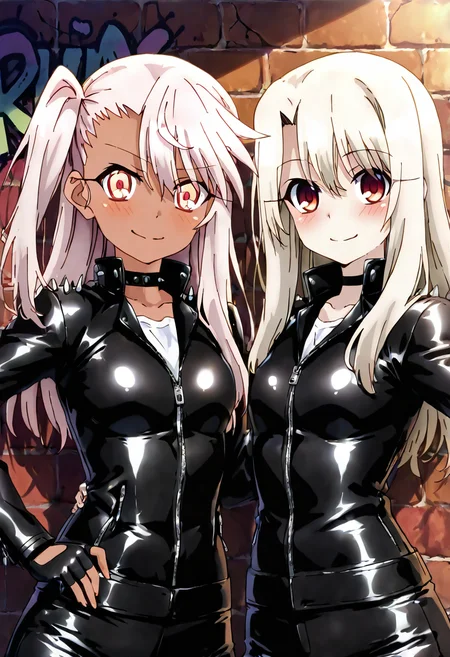 (masterpiece ,best quality, ultra detailed, highres, absurdres:1.2), , medium breasts, (curvy), ,,, 2girls, chloe von einzbern, yellow eyes, pink hair, long hair, one side up, dark skin, illyasviel von einzbern, red eyes, white hair, long hair, red eyes,,, leather jacket, black jacket, tight pants, black choker, zipper, fingerless gloves, biker clothes, spikes, (upper body), shiny clothes, high collar, (graffiti), brick wall, smile, looking at viewer, ,<lora:PrismaIllya_NAI:1.0>,