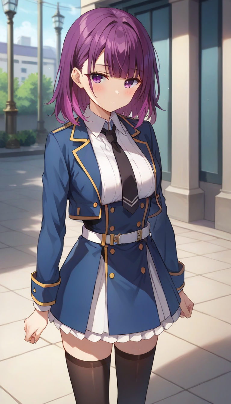 score_9,score_8_up,score_7_up,score_6_up BREAK official art,1girl,solo,outdoors,upper body,(portrait:1.5),looking at viewer,facing viewer,expressionless,blush,Mind Control Squadmate 4,medium hair,purple hair,multicolored hair,shiny hair,sidelocks,blunt bangs,purple eyes,blue jacket,cropped jacket,open jacket,wing collar,short necktie,black necktie,white shirt,collared shirt,dress shirt,long sleeves,medium breasts,double-breasted,white belt,blue skirt,high-waist skirt,pleated skirt,frilled skirt,zettai ryouiki,black thighhighs,loafers,black footwear,<lora:Mind Control Squadmate 4(sgmt)-Pony:1.2>,