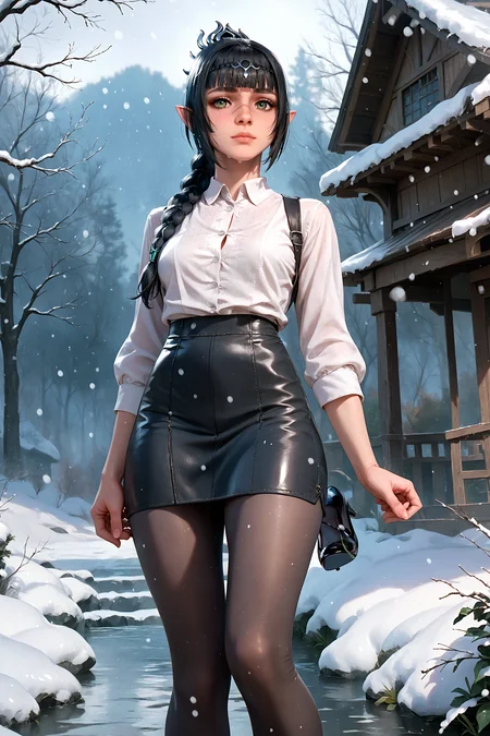 5h4rt, score_9, score_8_up, score_7_up, 1girl, solo, cowboy shot, knees together feet apart, snowing, cold, high waisted black leather miniskirt, stiletto heels, pantyhose, unbuttoned white shirt, <lora:_5h4rt:1.0>
