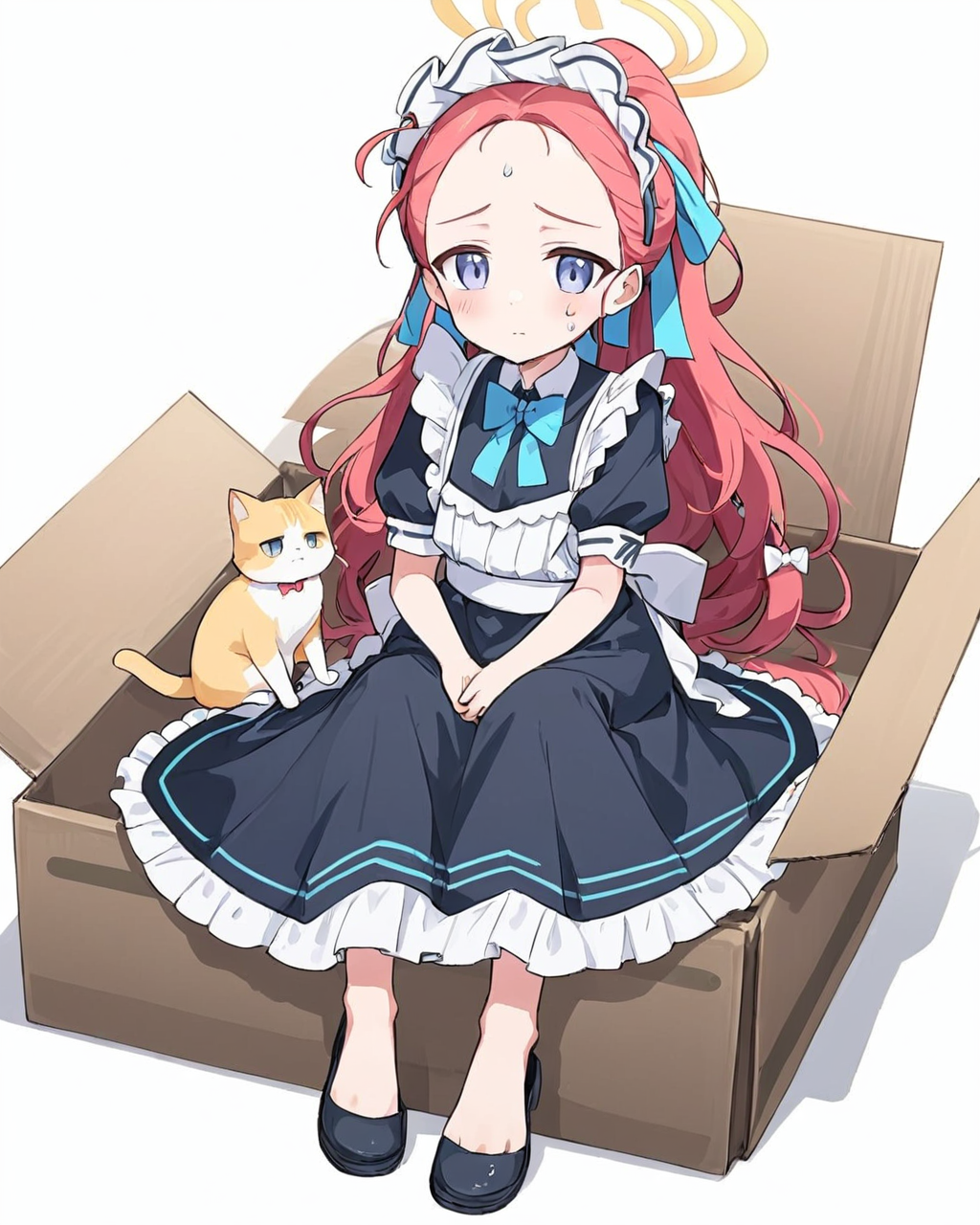 yuzu \(maid\) \(blue archive\),1girl, cardboard_box, halo, barefoot, forehead, black_footwear, black_dress, white_background, white_bow, maid_headdress, maid, maid_apron, solo, in_box, sweat, blue_bow, looking_at_viewer, blush, frilled_apron, closed_mouth, white_apron, single_shoe, full_body, shadow, simple_background, hair_bow, shoes_removed, bowtie, puffy_short_sleeves, sitting, frilled_dress, holding_cat
<lora:yuzu_(blue_archive)_image343_2023-11-18_spv-000035:1>. gorgeous,key visual, vibrant, studio anime,award-winning, professional, highly detailed,high budget, cinemascope