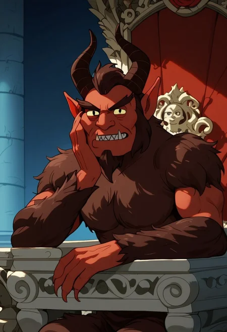 score_9_up, score_8_up, score_7_up, high quality, detailed, male, solo male, Krampus_AD, 1boy, mature male, anthro, devil, dull red skin, maroon hair, horns, black eyes, animal ears, muscular male, sharp teeth, looking at viewer, indoors, sitting, throne, sitting in throne, resting head on hand, half-body, bust shot