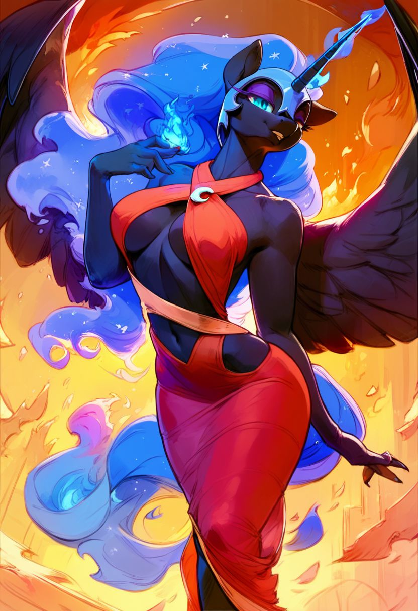 score_9, score_8_up, score_8, score_9, score_8_up, score_7_up, score_6_up, helios-geo, erotic group, 1girl,  Nightmare_Moon \(mlp\),  (anthro pony:1.1), sexy regal  dress, sexually aroused, smug, Royal bedroom room, tail, huge perky breasts, blue fire, fire aura, skimpy clothes, Royal chambers