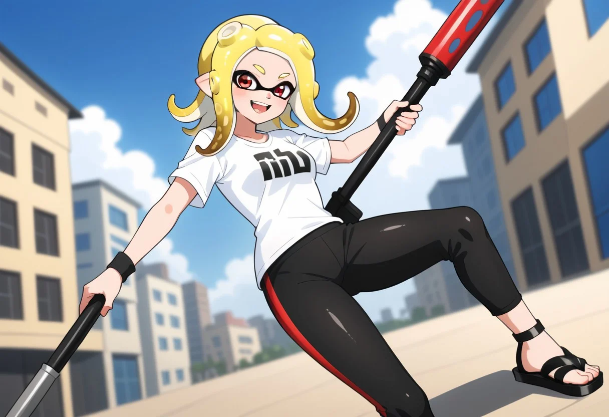 Dutch angle, Tilted frame, Diagonal composition, Slanted pose, Dynamic tilt, 1girl, solo, long hair, looking at viewer, smile, open mouth, blonde hair, shirt, red eyes, holding, jewelry, closed mouth, full body, white shirt, weapon, short sleeves, outdoors, sky, shorts, day, pants, artist name, medium hair, holding weapon, blurry, bracelet, blue sky, copyright name, black shorts, black pants, sandals, bike shorts, building, wristband, tentacle hair, suction cups, octarian, ink tank (splatoon), inkling, octoling, octoling girl