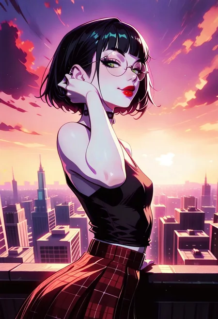 masterpiece, best quality, 32k, high resolution, absurdres, 1girl, Polly, PollyRH, short hair, bobcut, black hair, bangs, green eyes, small breasts, almost flat chest, slim, pale skin, big round eyeglasses, clear eyeglasses lenses, nice round ass, red lipgloss, HD32k, dynamic pose, aesthetic, perspective, solo, detailed eyes, sensual look, pinup pose, urban scenario, detailed background, black-red tint, sunset, sensual look,  goth attire, punk attire, black tank top,nipple peek, (red) tartan skirt, spiky wristbands, chocker,little smile, dynamic  view, fixing own hair